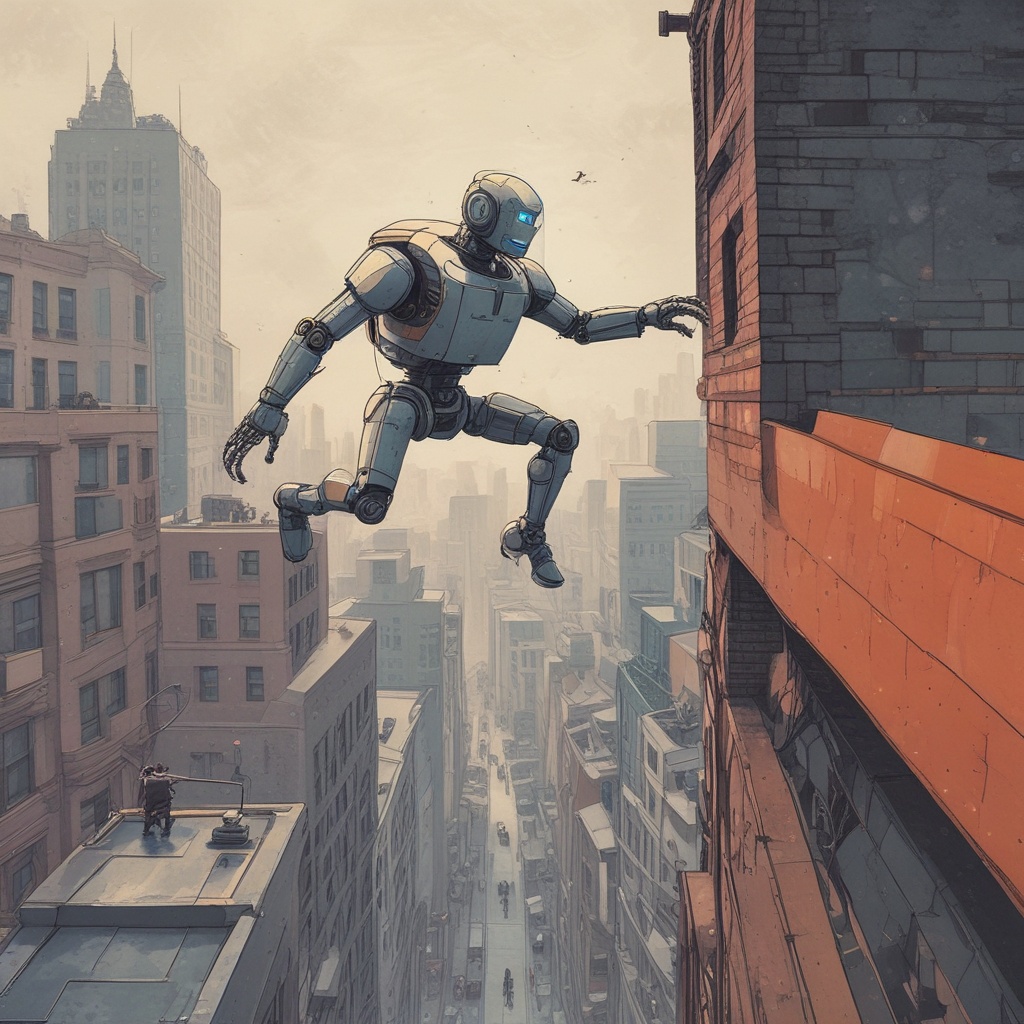 Robot chasing man across rooftops